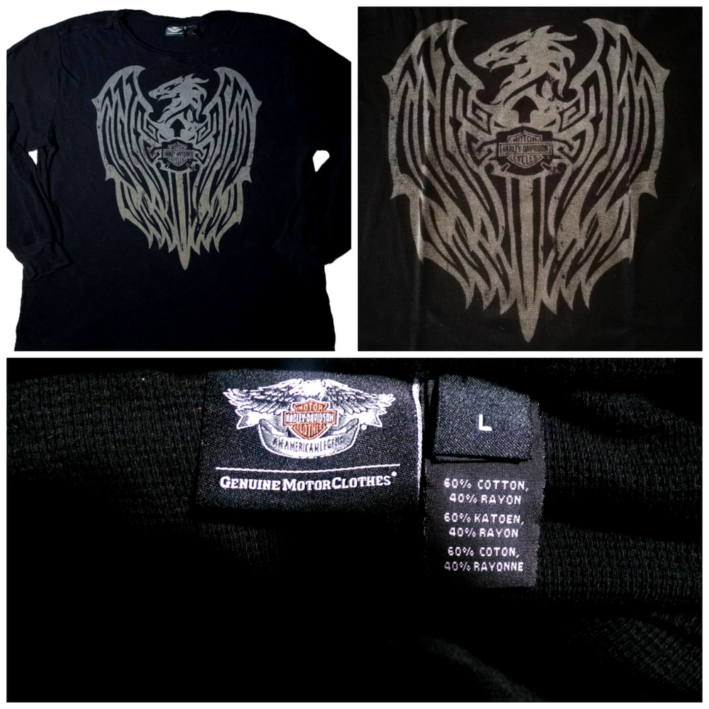 Harley Davidson Waffle‎ thermal Shirt Large Black Gray Eagle Long sleeve Worn x1